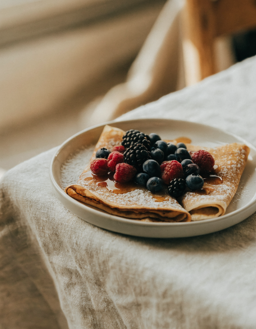 Folded European crepe dusted with powdered sugar and topped with fresh berries