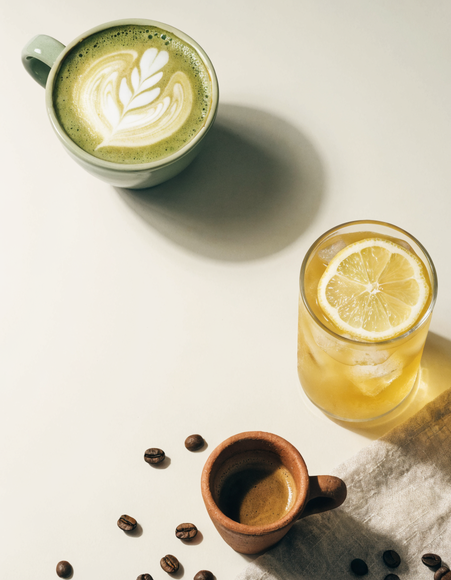 Overhead flat lay of a matcha latte, an iced citrus refresher, and a fresh espresso