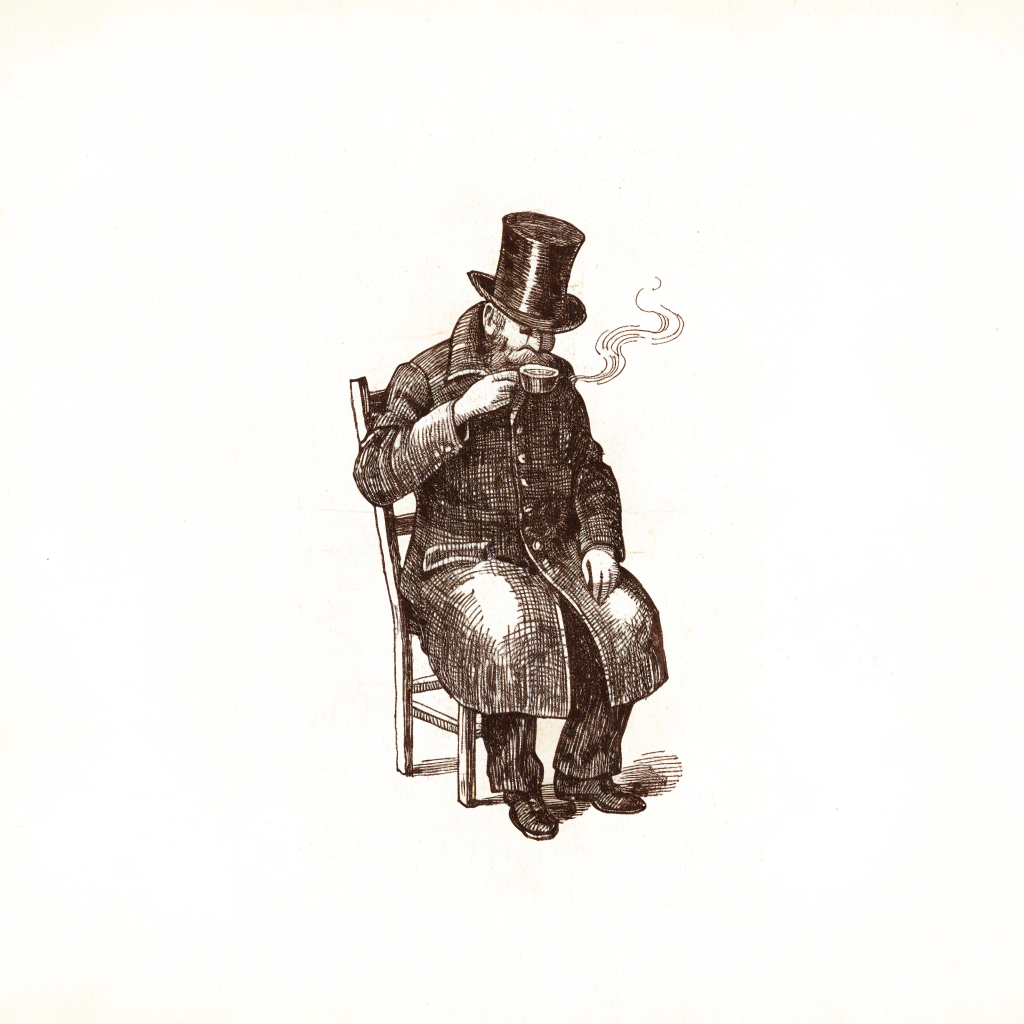 Pen and ink engraving of a gentleman in a top hat sipping a steaming cup of coffee