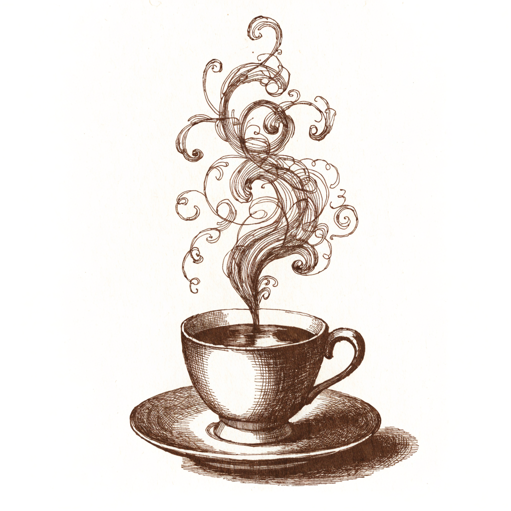Sepia engraving of a steaming cup of coffee on a saucer
