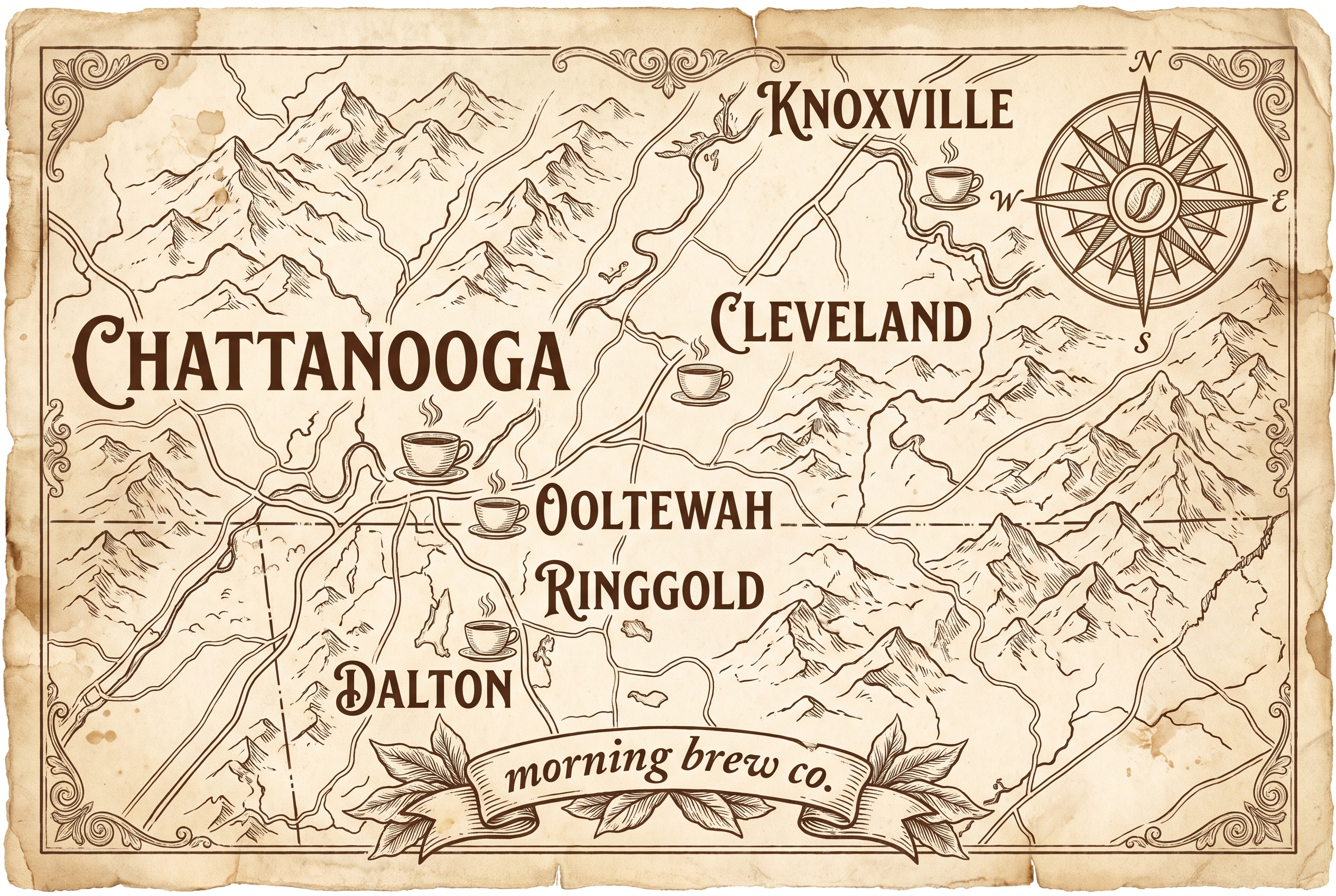 Antique style map of the region showing Chattanooga, Cleveland, Knoxville, Ooltewah, Ringgold, and Dalton marked with coffee cups
