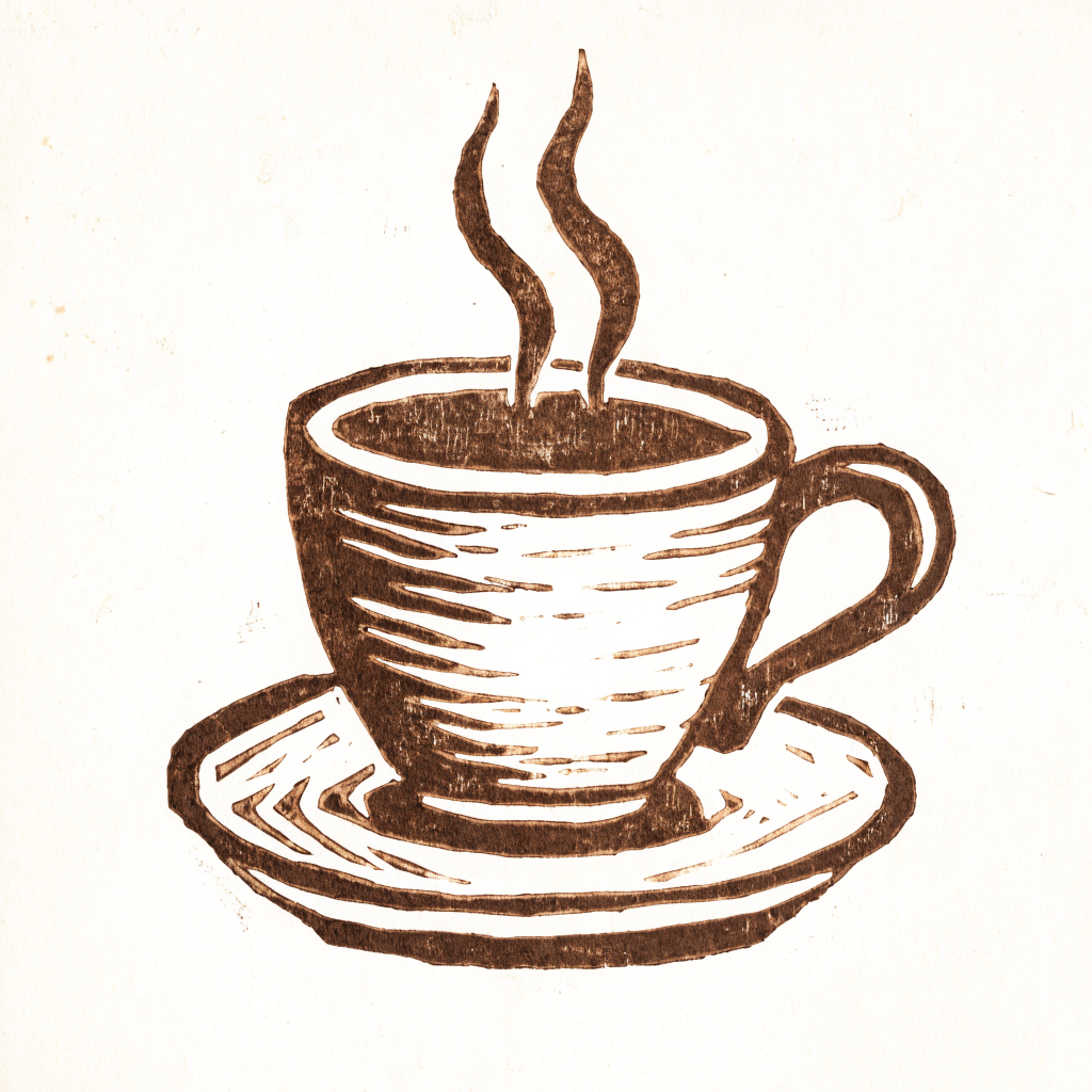 Woodcut of a steaming coffee cup