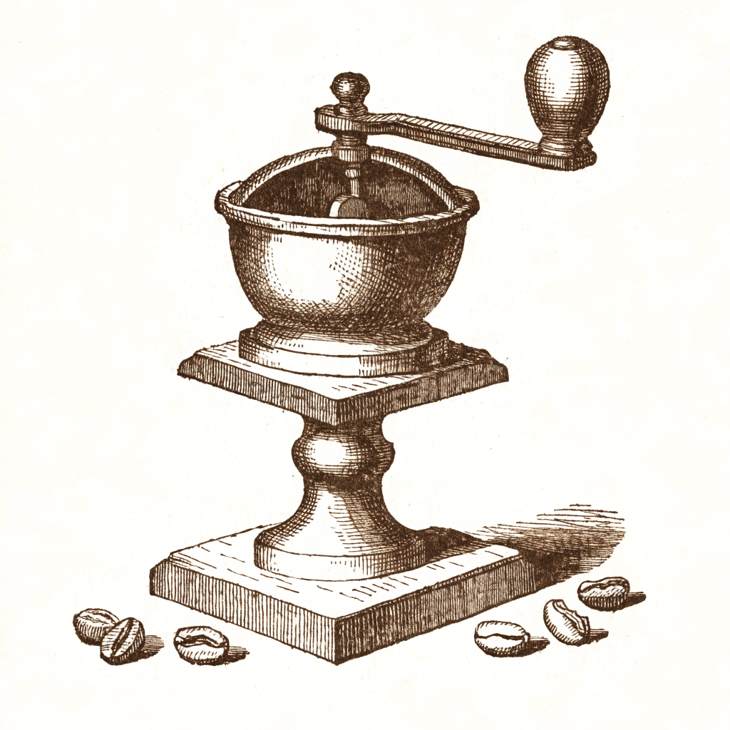 Sepia engraving of a hand-cranked coffee grinder with scattered beans