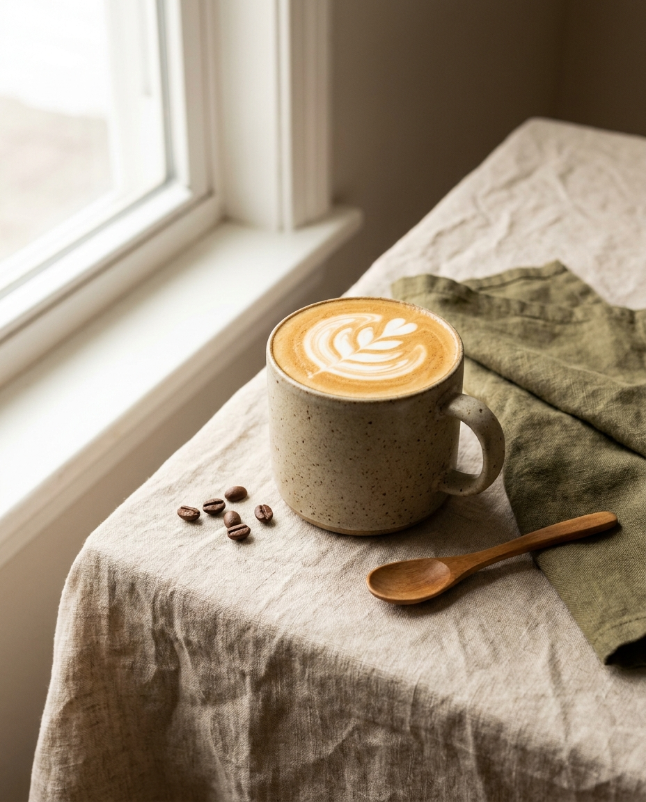 A speckled ceramic mug of cappuccino with rosetta latte art beside a wooden spoon and scattered coffee beans