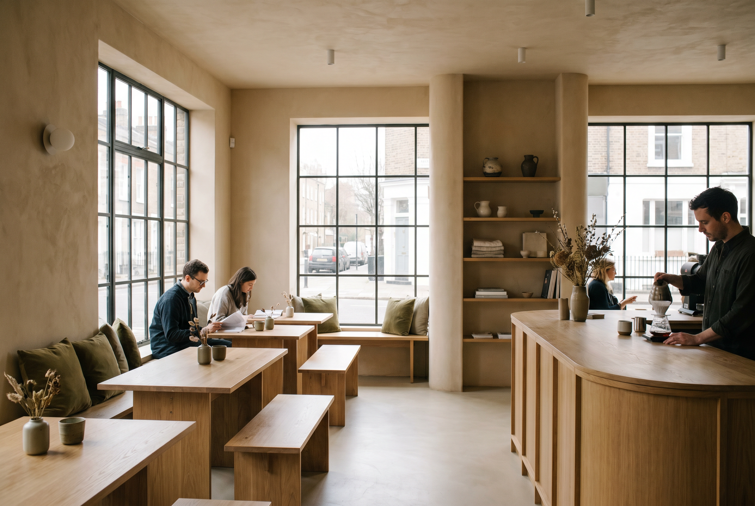 The cafe interior with oak tables, olive cushions, tall steel windows, and a barista pouring at the counter