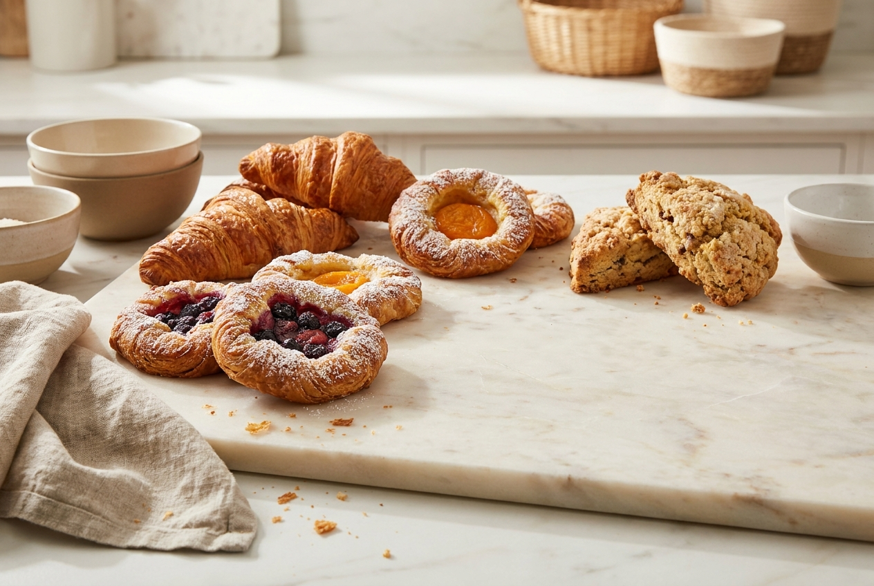 Croissants, fruit danishes, and scones arranged on a marble counter with ceramic bowls