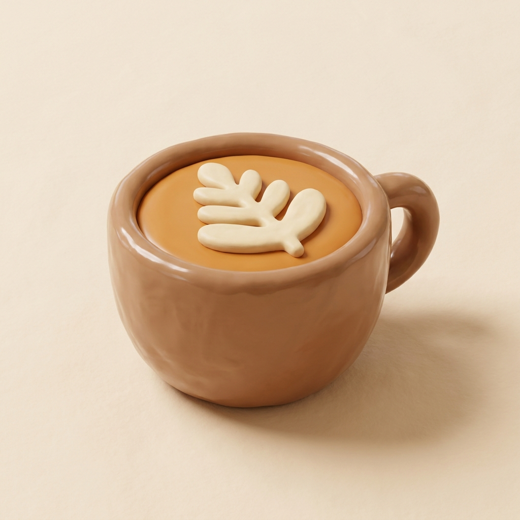 A glossy clay latte cup with a leaf poured on top
