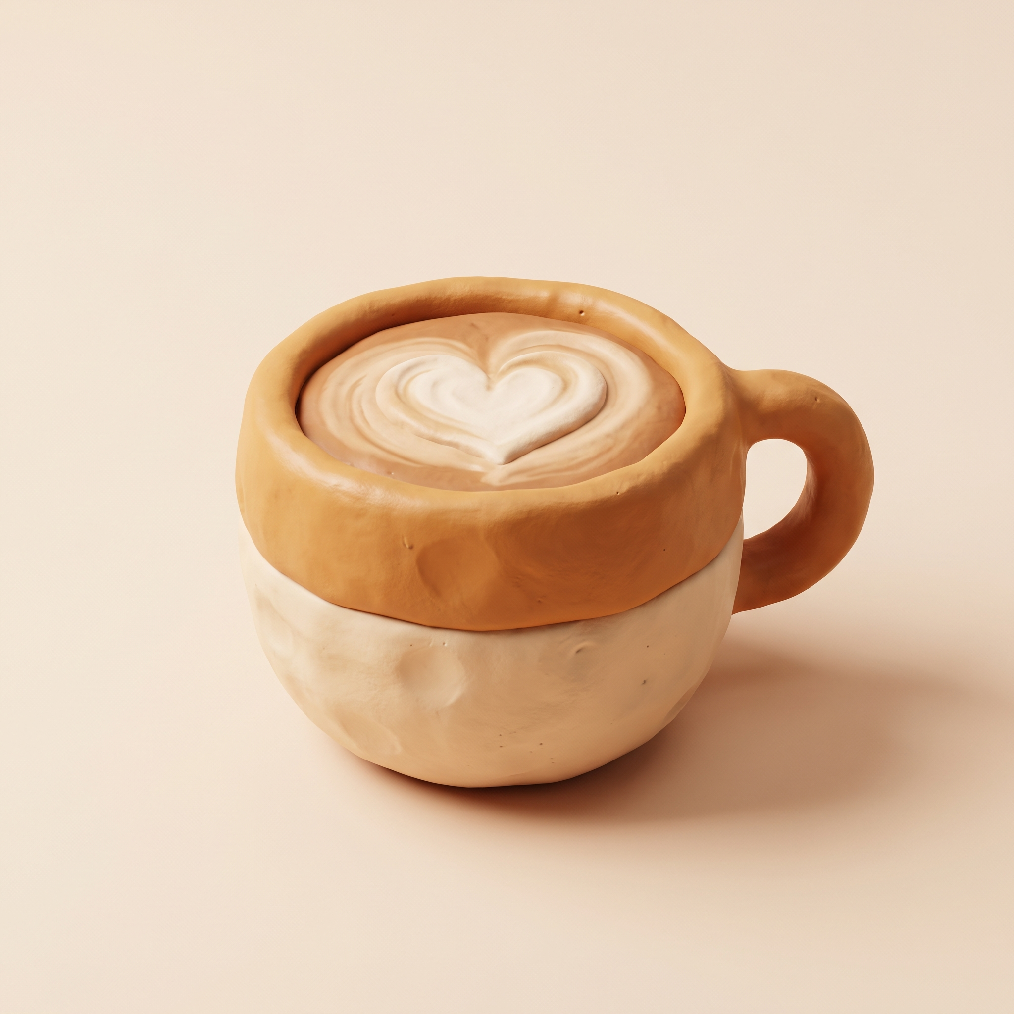 A chunky clay coffee cup with a heart poured into the foam