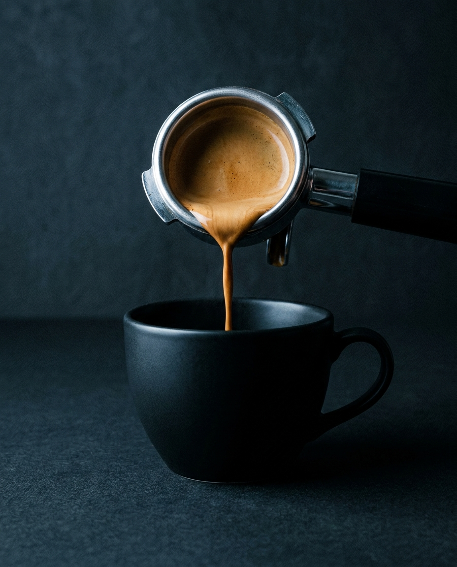 Espresso pouring from a portafilter into a matte black cup