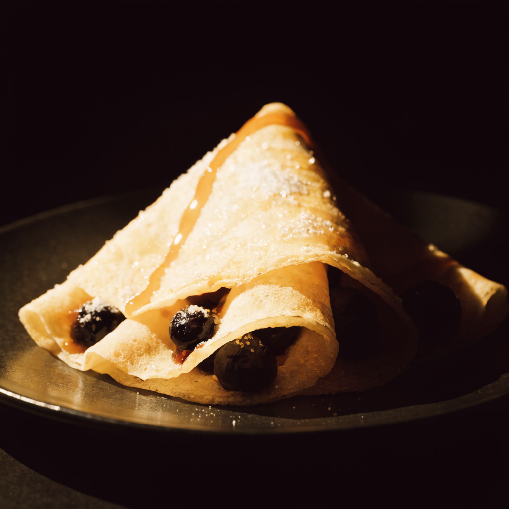 Folded crepe with berries and cream on dark ceramic