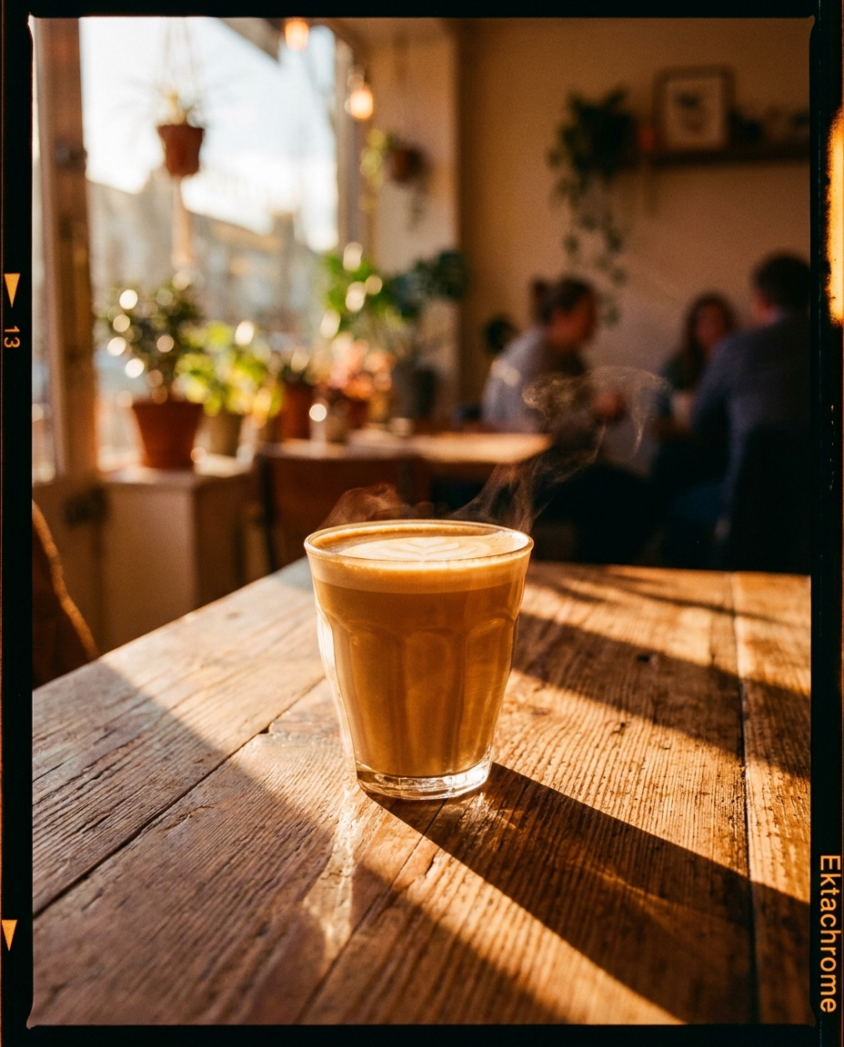 A steaming cortado in a fluted glass on a sunlit wooden table, framed by an orange 35mm film border