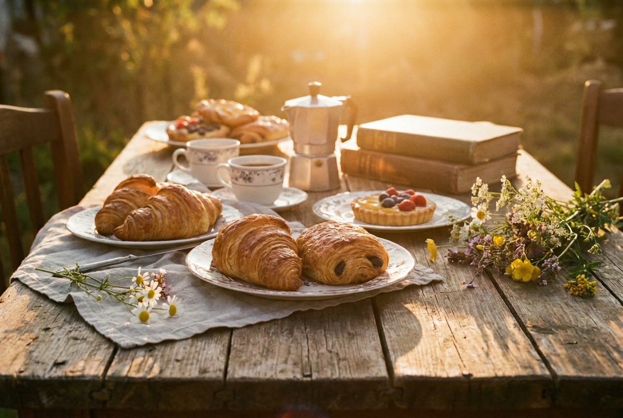 Croissants, pain au chocolat, and a berry tart with a moka pot on a garden table in low golden sunlight