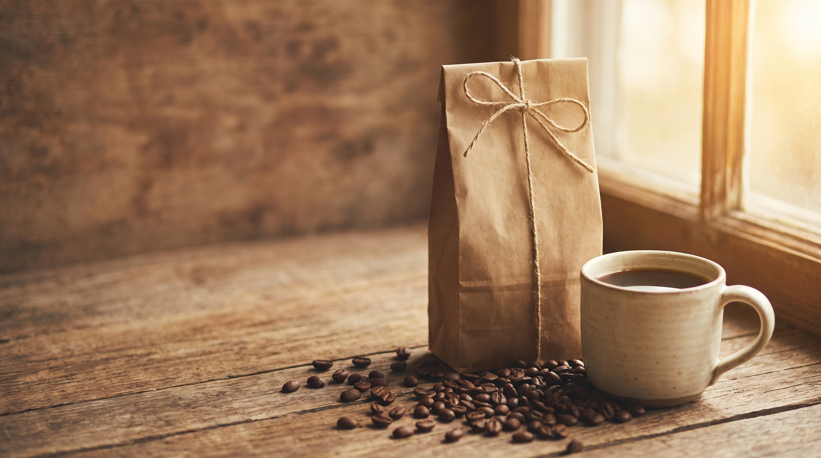 A kraft paper bag of coffee beans tied with twine beside a full ceramic mug in warm window light