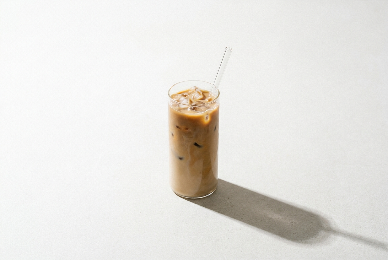 An iced honey latte in a tall glass with a glass straw