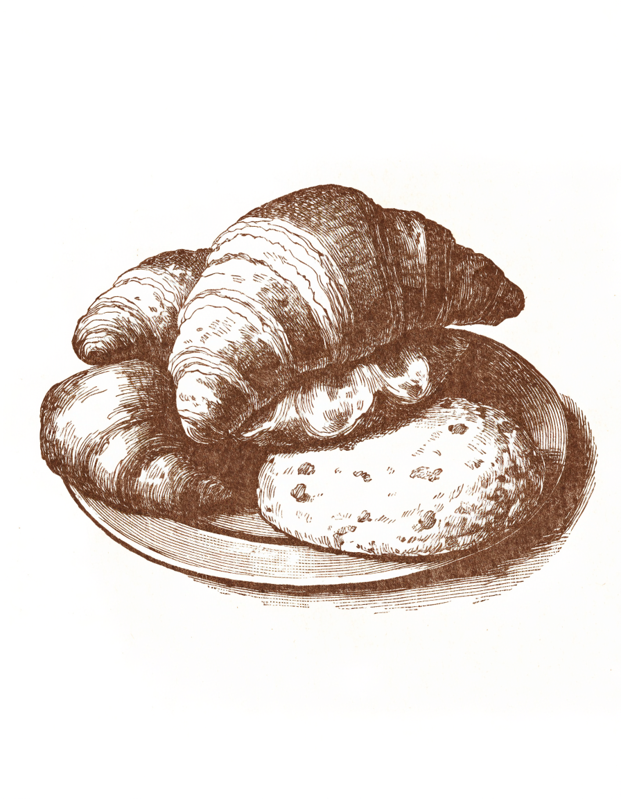 Hand engraved illustration of croissants and morning pastries on a plate
