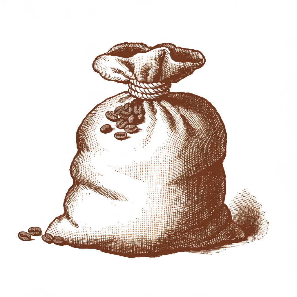 Engraving of a burlap sack of green coffee