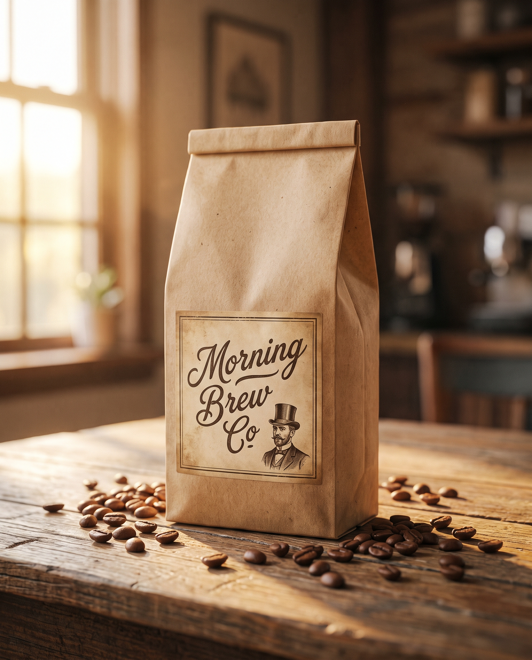 Morning Brew Co. house blend in a kraft coffee bag on a wooden counter scattered with beans
