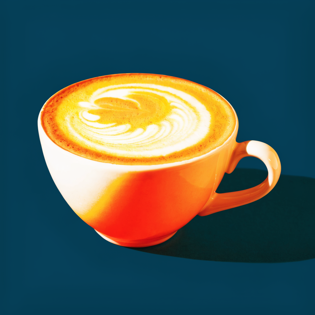 Cappuccino with latte art on a deep teal background