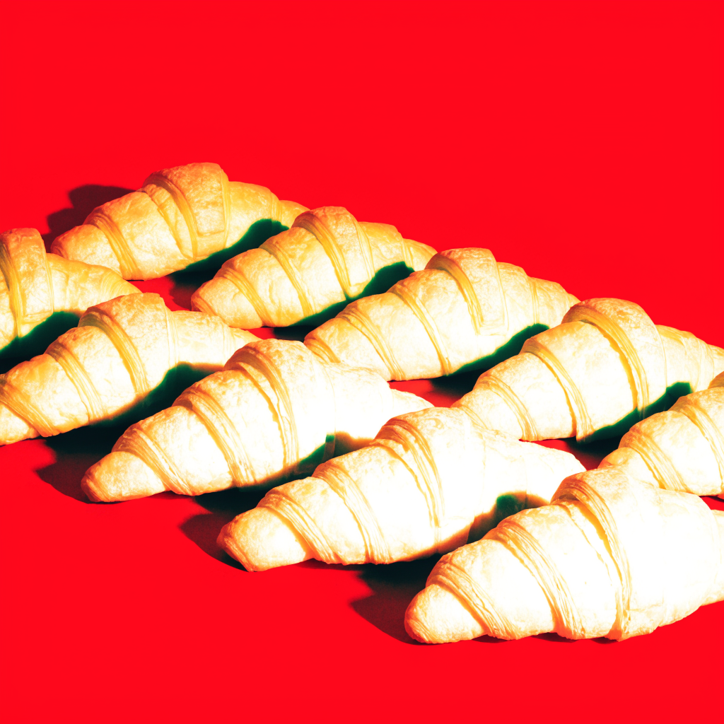Rows of golden croissants on a red background