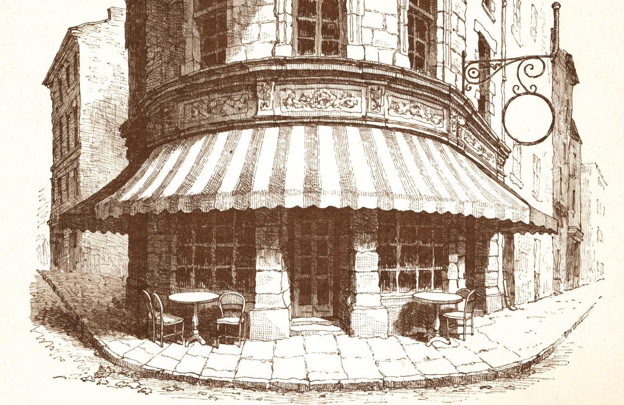 Sepia engraving of an old world coffee house with a striped awning and sidewalk tables