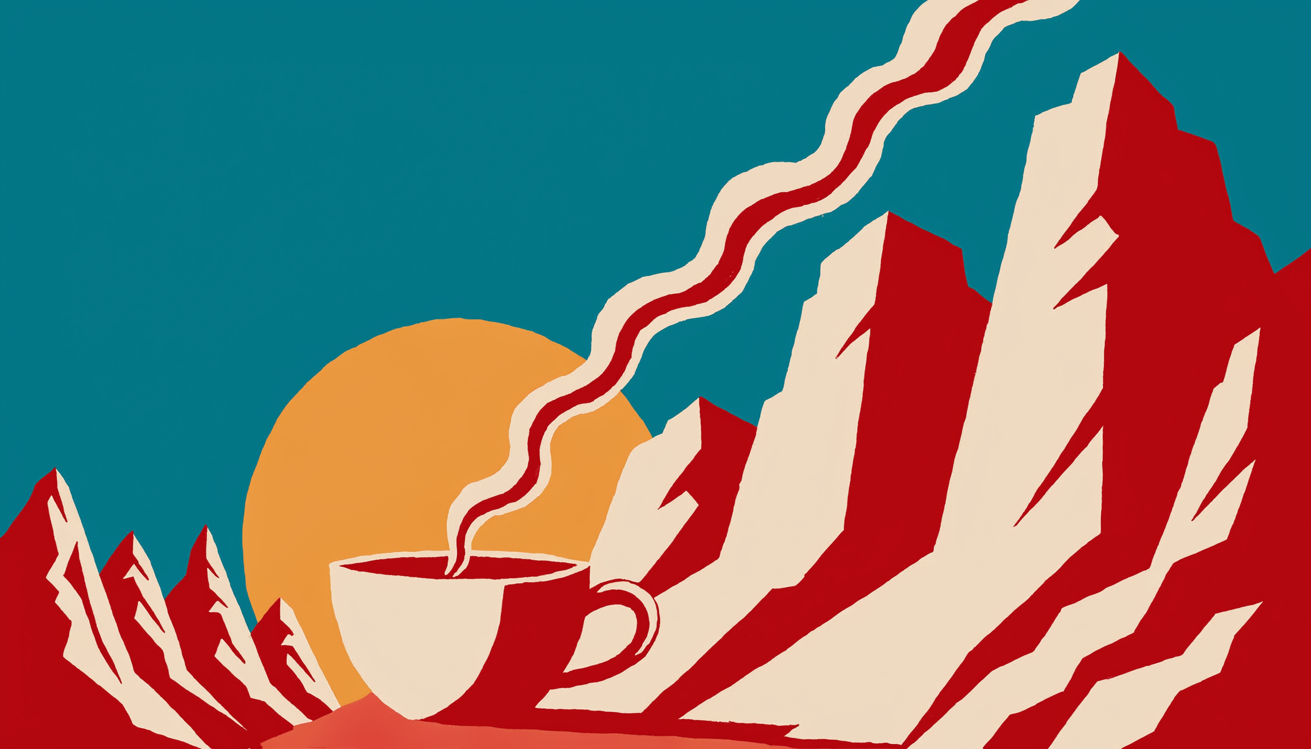Screen-print travel poster of a Tennessee mountain sunrise behind a steaming cup of coffee