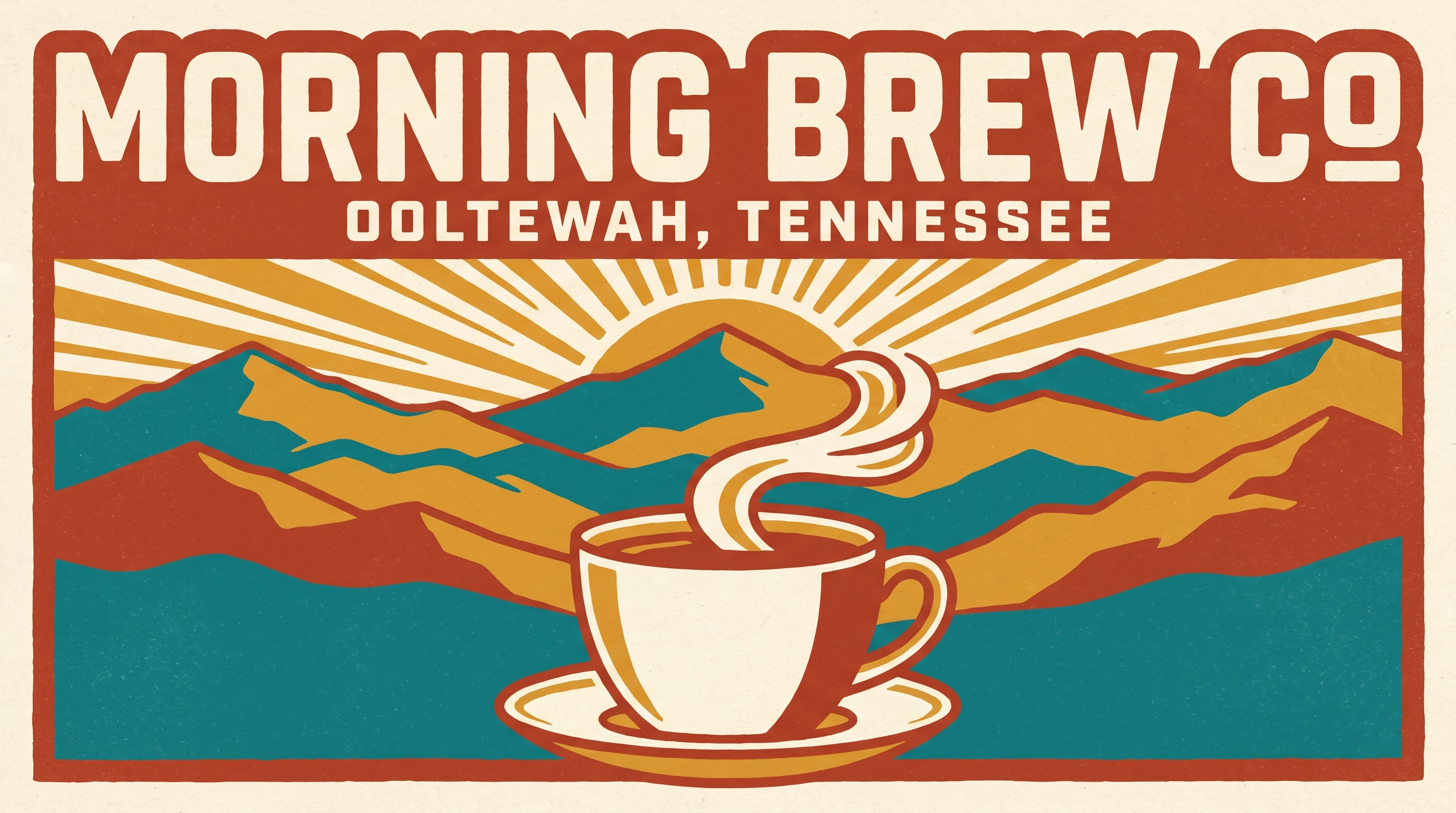 WPA style poster reading Morning Brew Co, Ooltewah, Tennessee, with a sunburst over teal mountains and a steaming cup