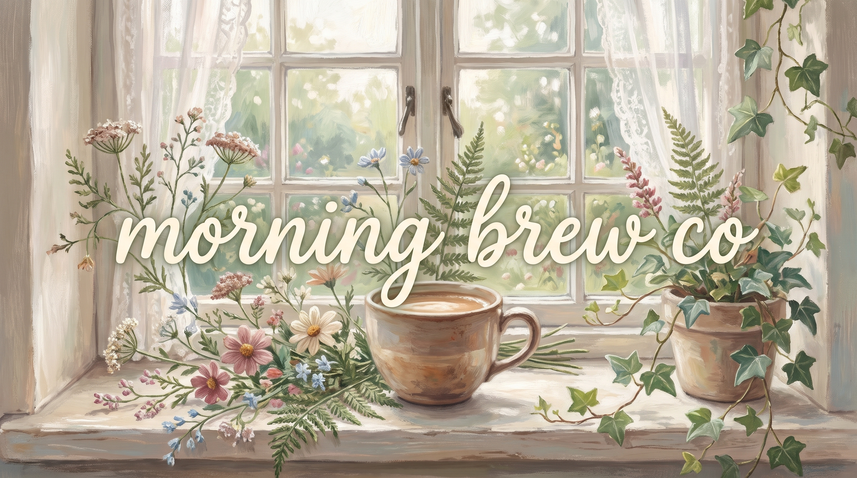 Morning Brew Co cover art, the name hand lettered over a soft cottagecore illustration