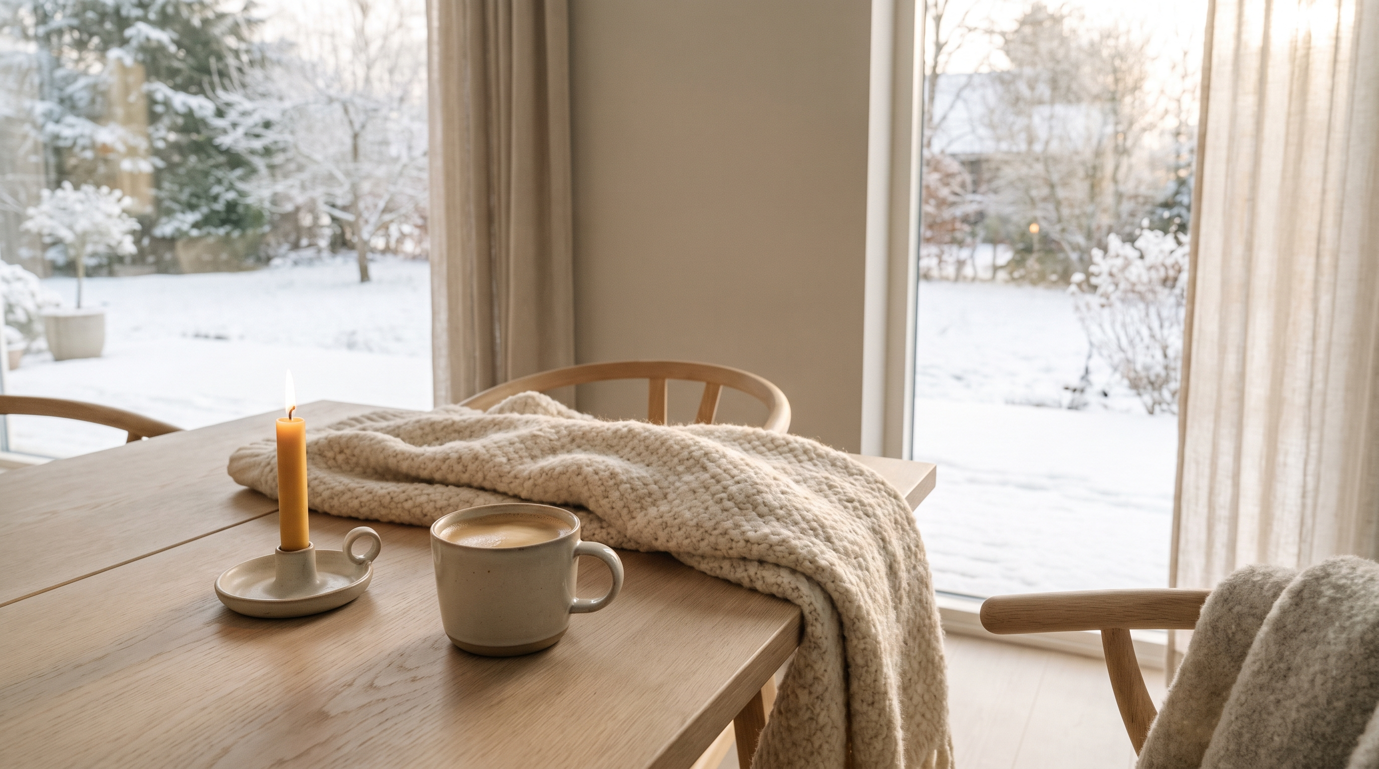 A wooden table with a lit candle, a cup of fresh coffee, and a knit throw beside tall windows looking onto a snowy garden