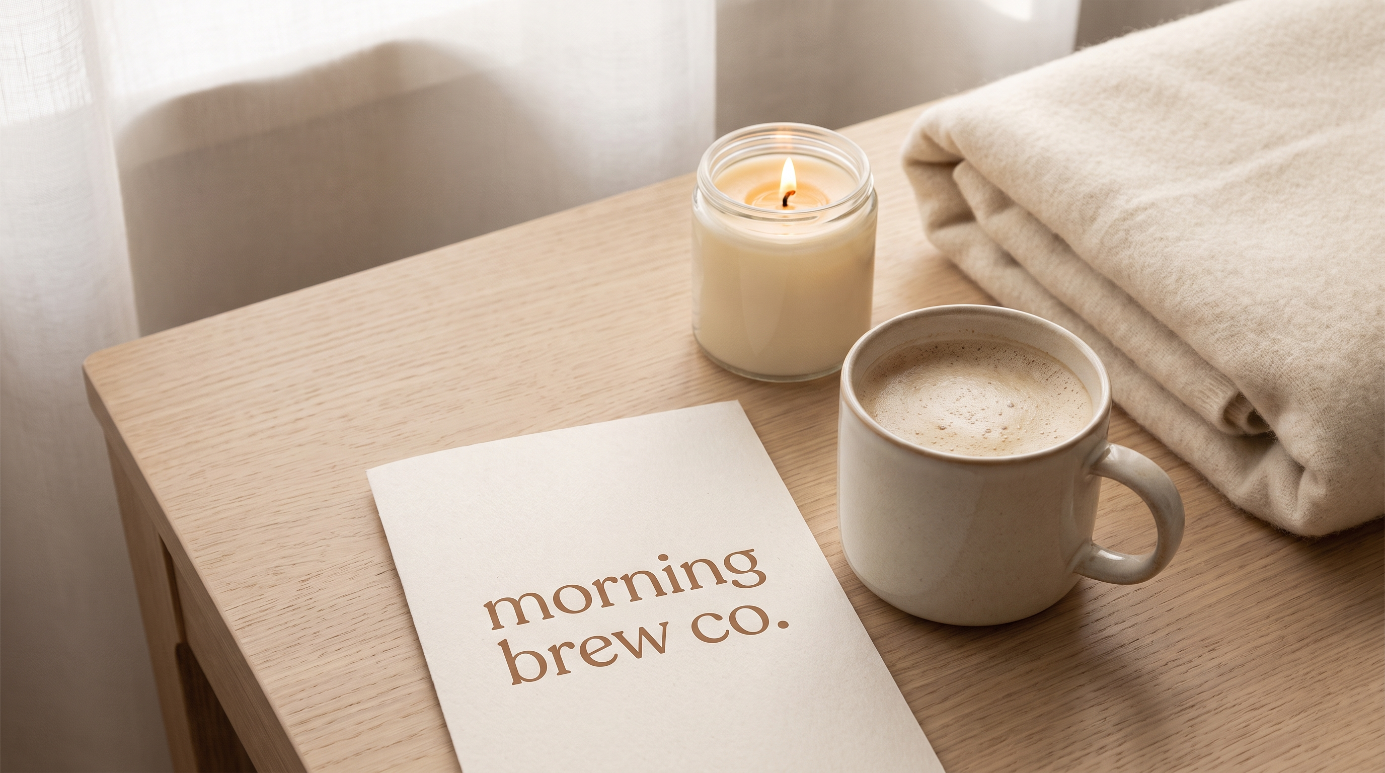 A Morning Brew Co card resting on a wooden table beside a lit candle, a folded cream blanket, and a fresh cup of coffee