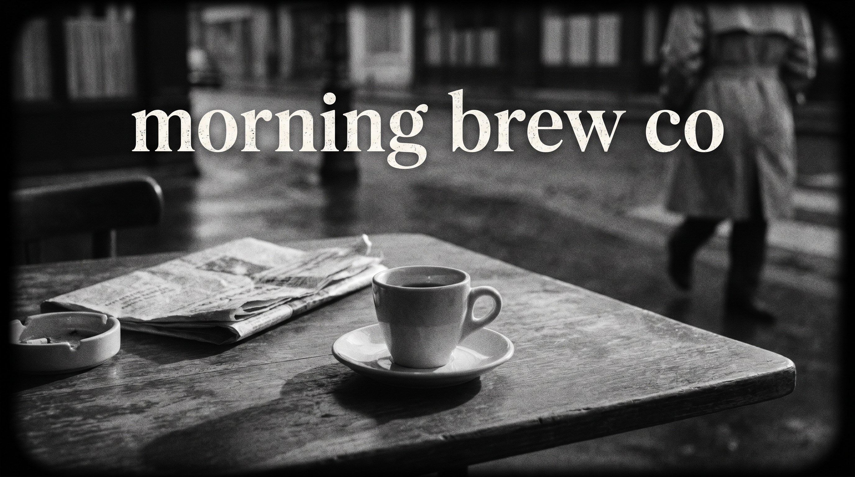 Black and white film still: an espresso cup and a folded newspaper on a café table, with the title card reading morning brew co