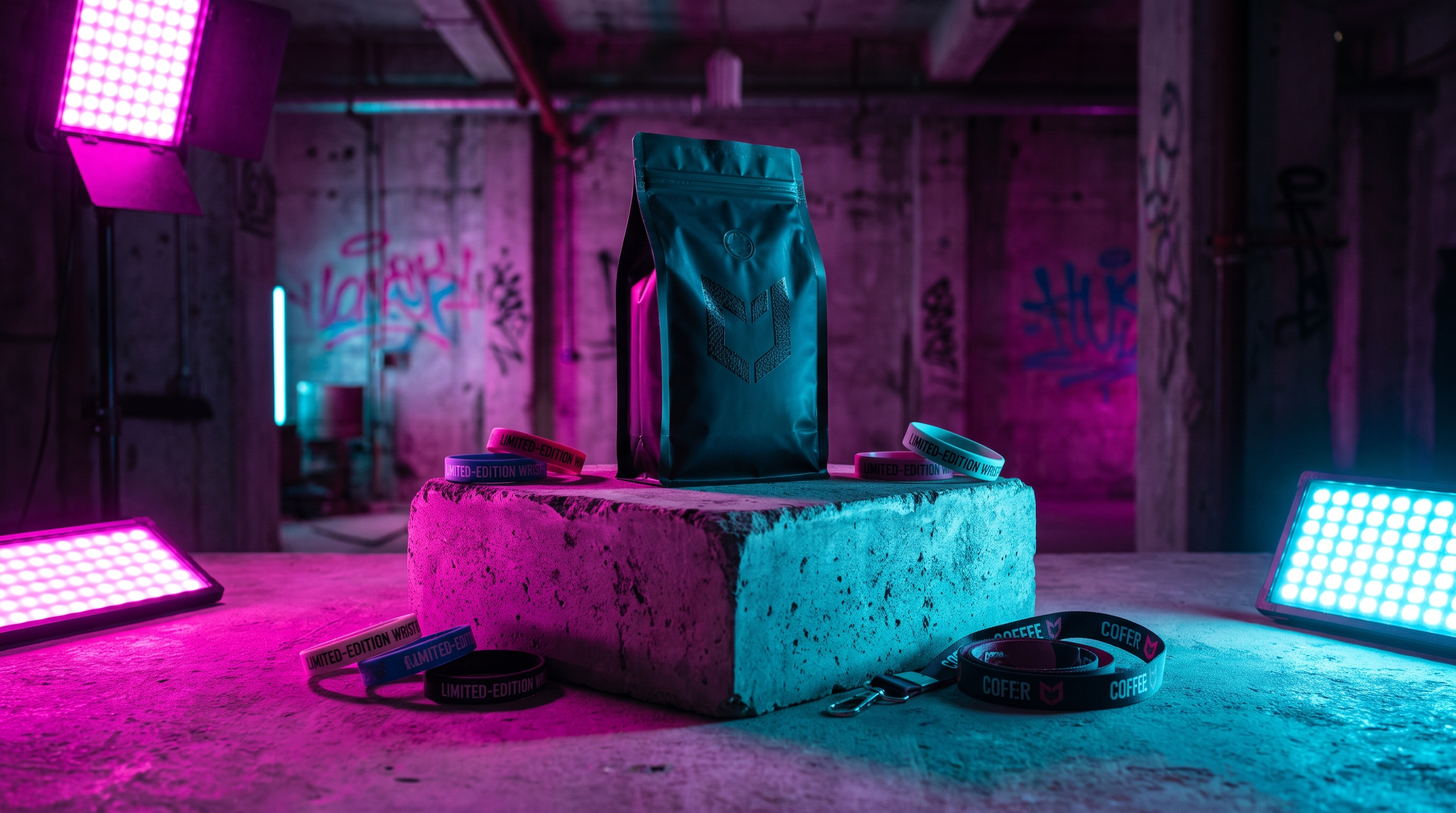 Matte black Morning Brew Co coffee bag staged on a concrete block under magenta and cyan gel lights