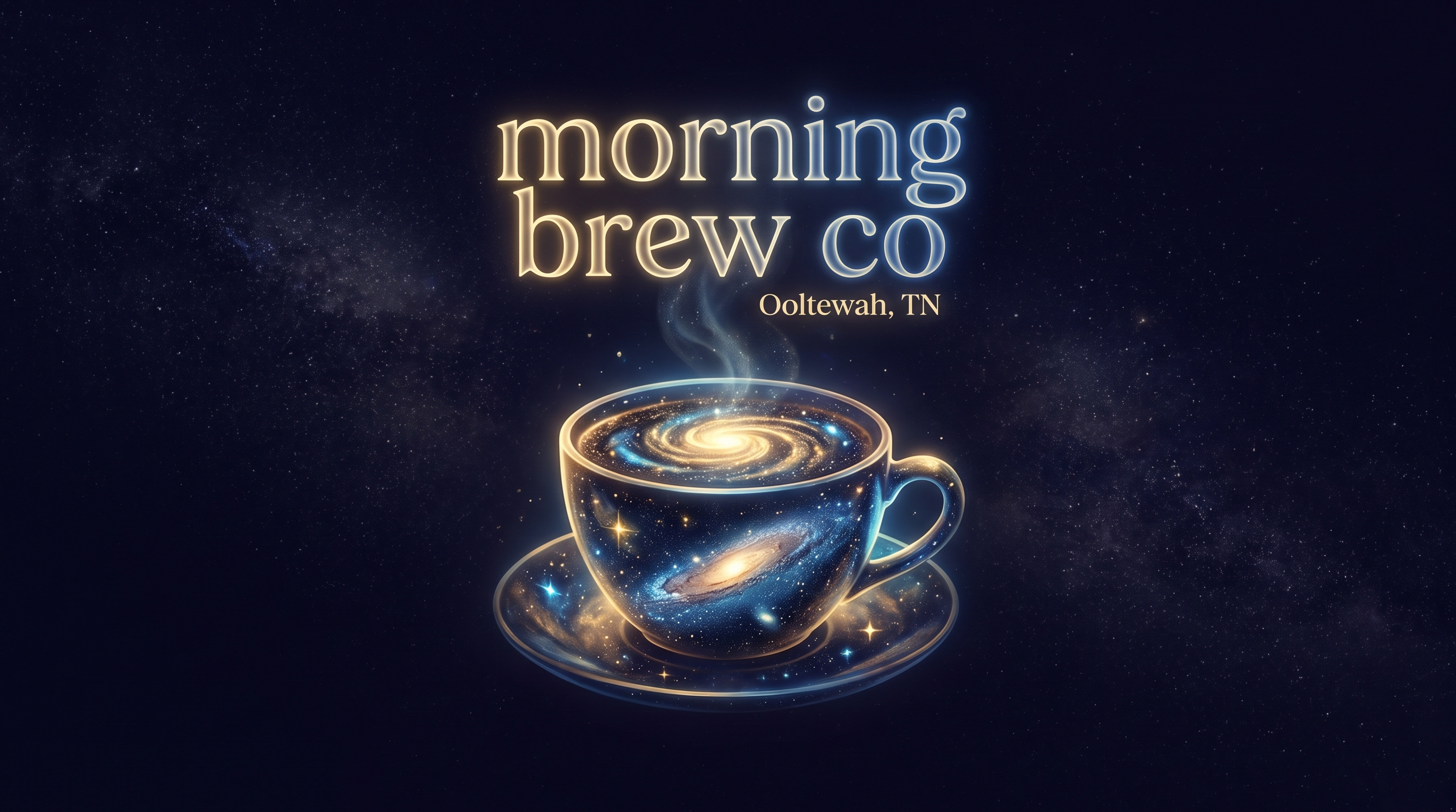 Morning Brew Co, Ooltewah TN, glowing over a cup of coffee filled with a spiral galaxy against a starry sky