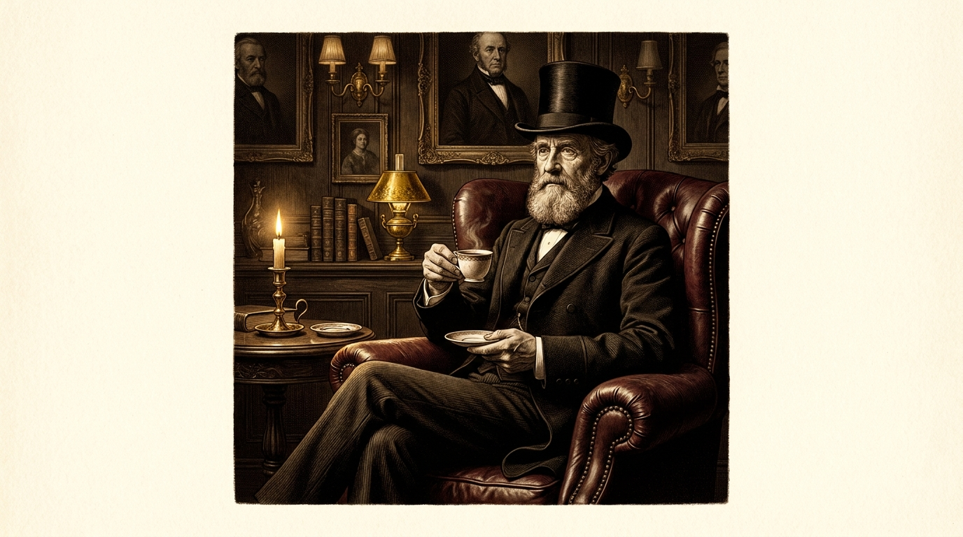 Sepia engraving of a distinguished gentleman in a top hat, taking coffee in a leather armchair inside a wood panelled club