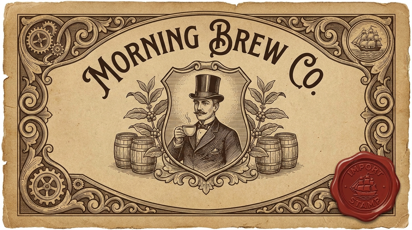 The Morning Brew Co. trading label: ornate sepia scrollwork framing the top hat gentleman crest between coffee barrels, the arched Morning Brew Co. wordmark above, and a red wax import seal pressed at the corner of the torn paper