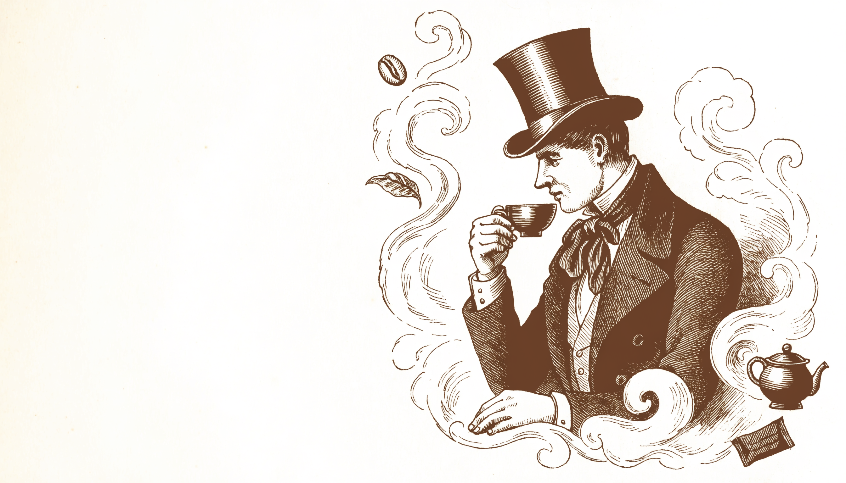 Engraving of a gentleman in a top hat sipping coffee amid ornate curling steam