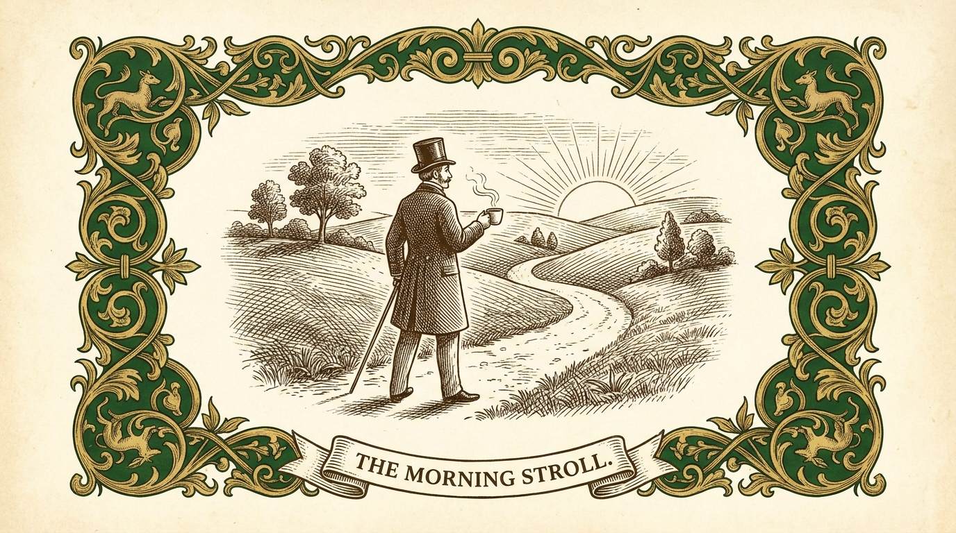 Storybook engraving of the top hat gentleman walking a winding dawn path with a steaming cup, framed by an ornate green and gold border and a banner reading The Morning Stroll