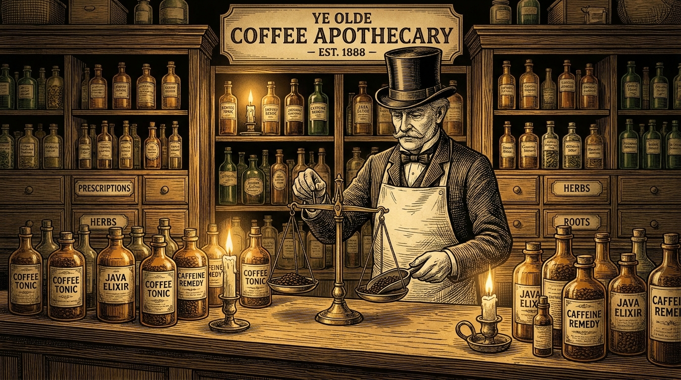 An engraved apothecary interior, a gentleman chemist in a top hat weighing coffee beans among shelves of amber tonic bottles