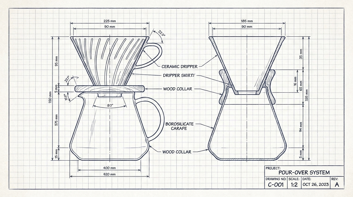 Blueprint style technical drawing of the Morning Brew Co pour over system: a dimensioned ceramic dripper, wood collar and borosilicate carafe with callouts and measurements