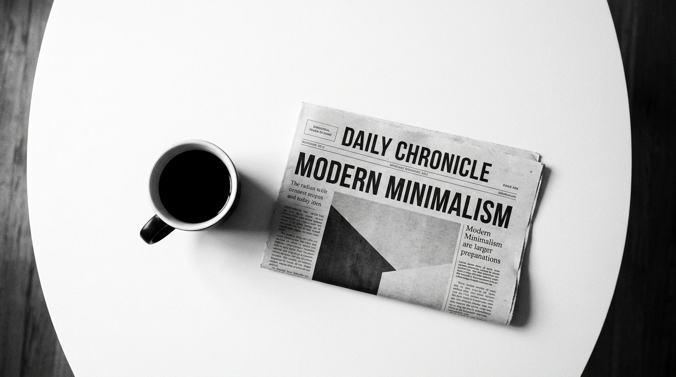 Overhead photograph in black and white: a cup of black coffee beside a folded newspaper on a round table