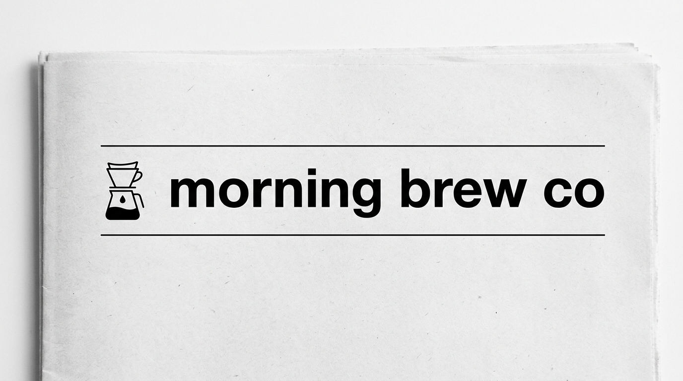 The morning brew co masthead: the lowercase wordmark and pour over mark printed between two hairline rules on newsprint