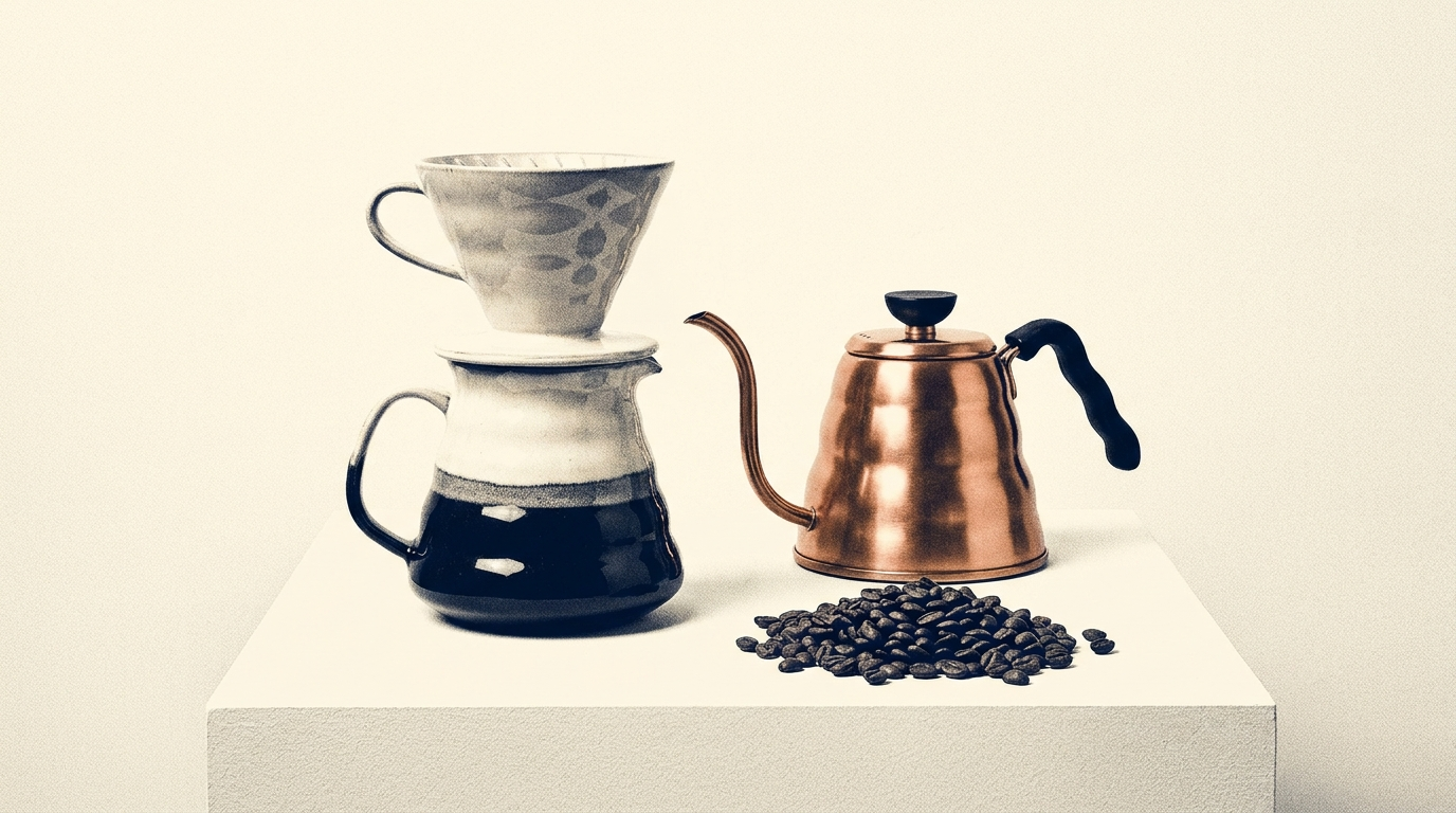 duotone still life photograph: a ceramic pour over brewer and carafe beside a copper kettle and a small pile of coffee beans on a white plinth