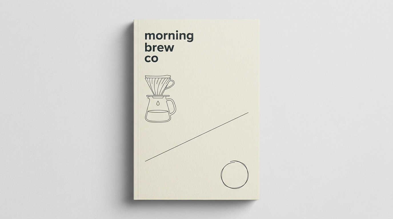 duotone photograph of a cream cotton-paper cover printed with the lowercase morning brew co wordmark, the pour over line drawing, and the thin diagonal