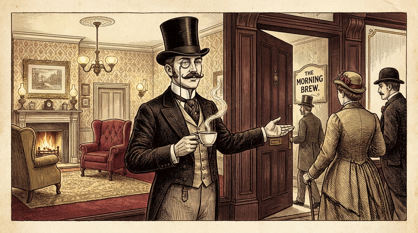 An engraved parlor scene: the top hat gentleman, monocle and moustache, welcomes guests through the doorway of The Morning Brew with a steaming cup in hand