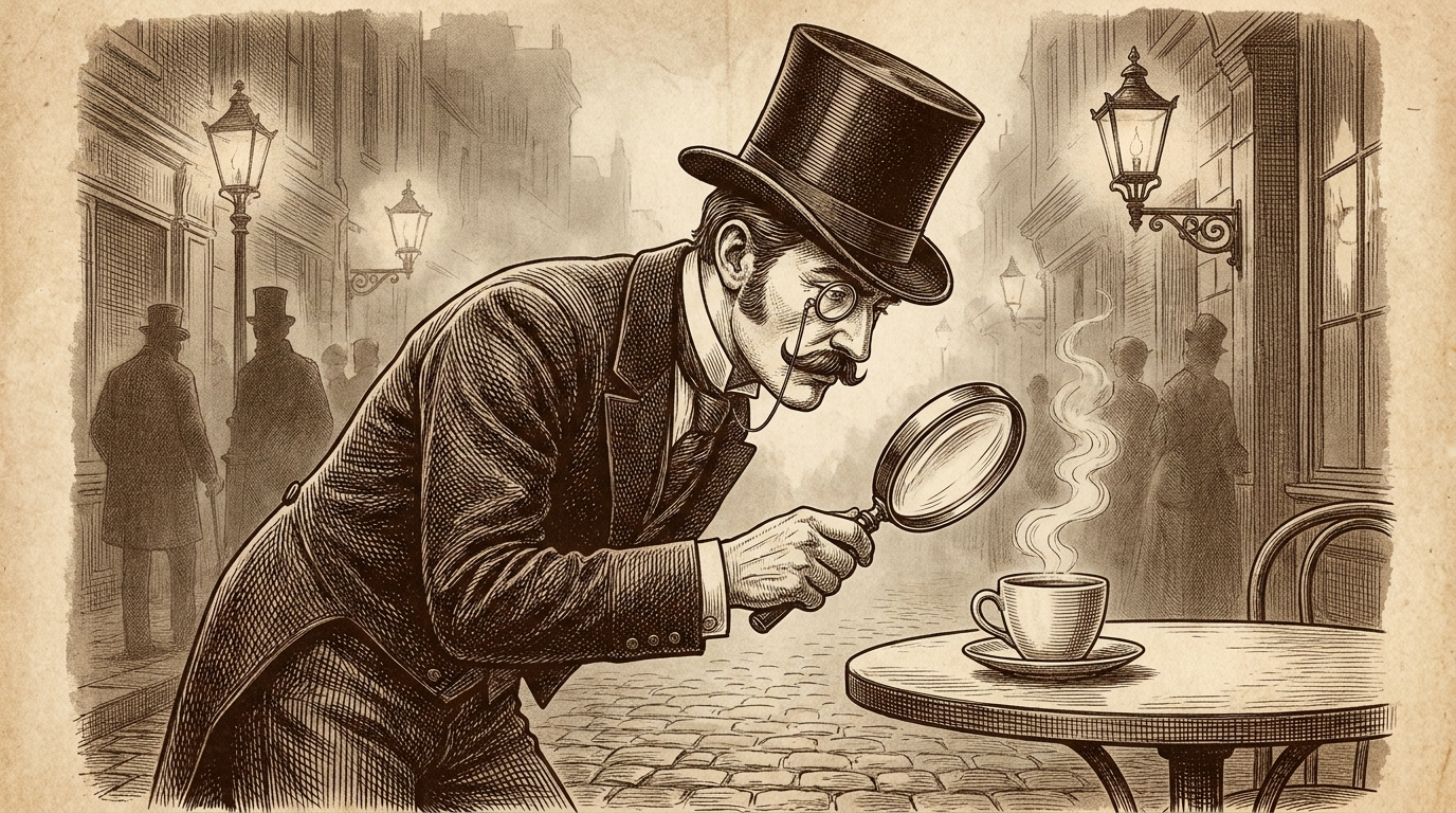 Sepia engraving of the Morning Brew Co gentleman detective in top hat and monocle, leaning over a foggy gaslit street table to examine a steaming cup of coffee through a magnifying glass
