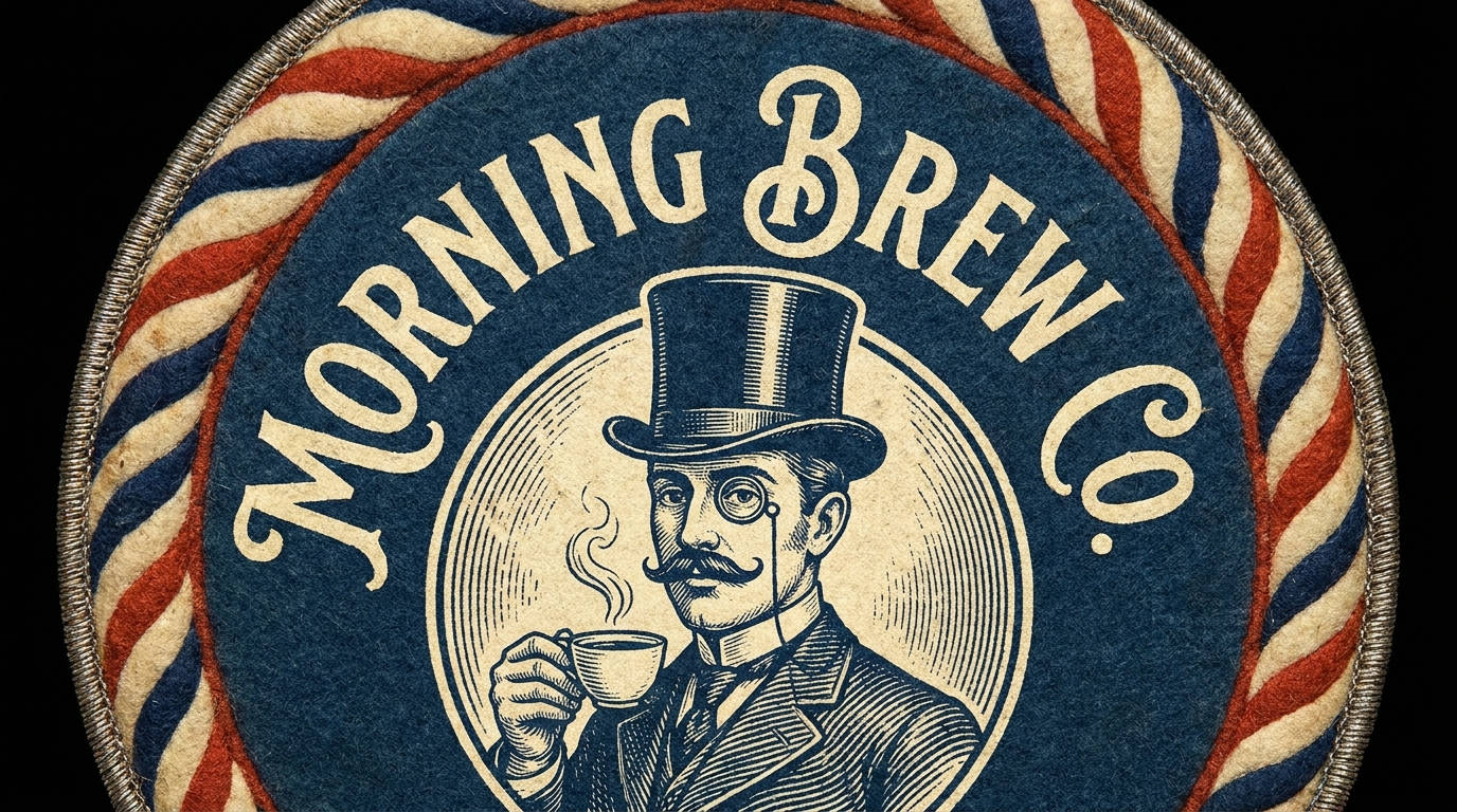 Embroidered felt patch of the Morning Brew Co crest: the monocled gentleman raising his cup inside a navy circle, ringed by red, cream and navy barber stripe rope