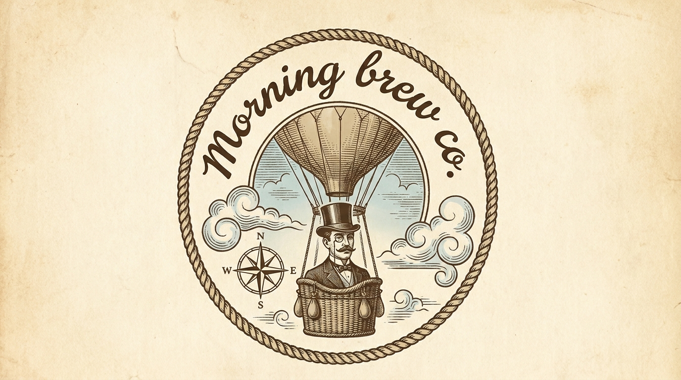 The Morning Brew Co. crest: the arced script wordmark over an engraved gentleman aloft in a hot air balloon, ringed by rope, with a compass rose and clouds