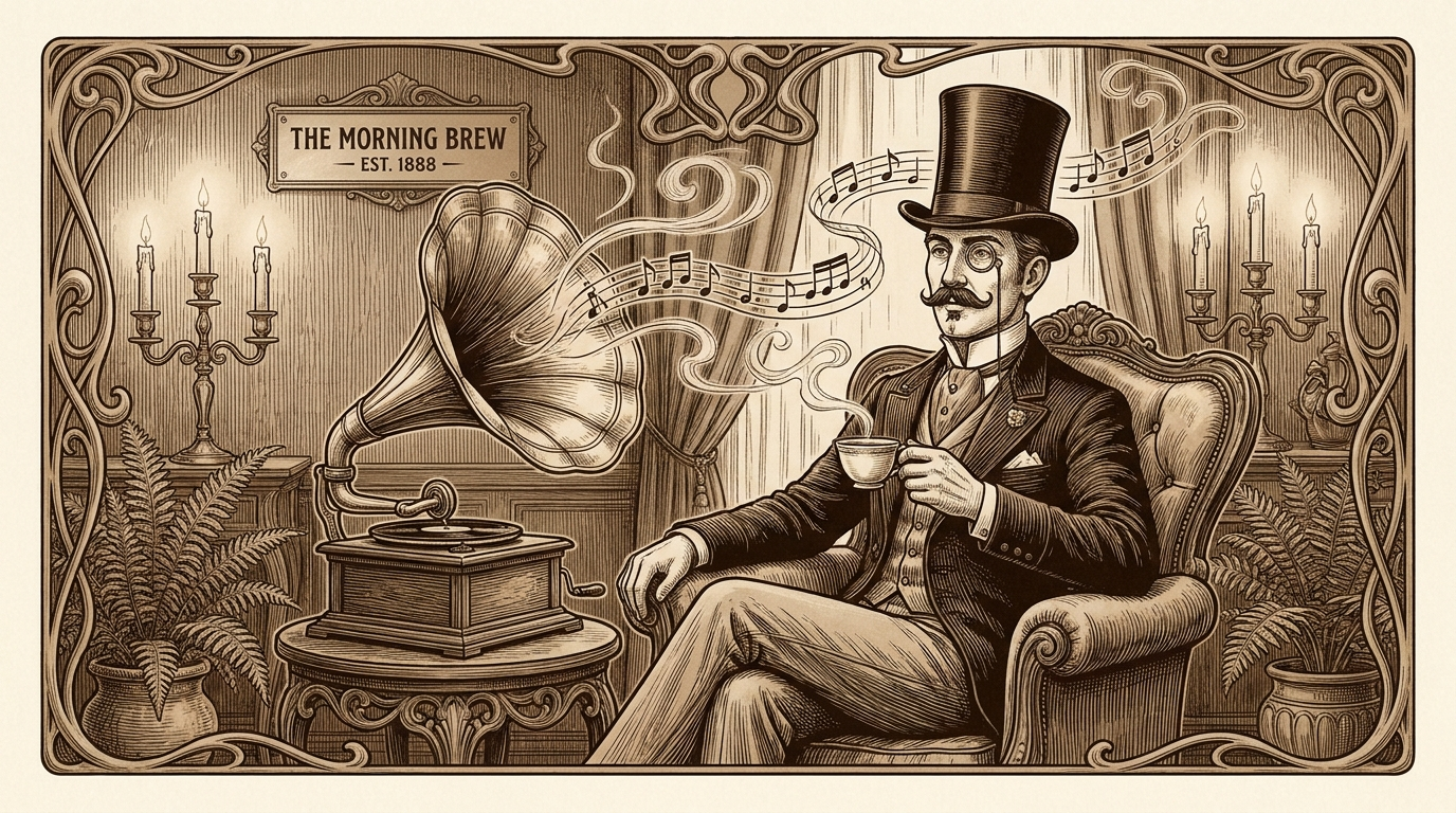 Sepia engraving of the Morning Brew Co gentleman in an art nouveau music parlor. He sips coffee in a wing chair beside a brass horn gramophone while music notes drift through candlelight.