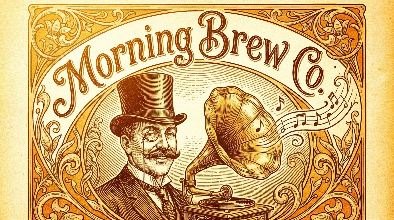 Gilded art nouveau plate with the arced Morning Brew Co wordmark above the top hat gentleman and a brass horn gramophone releasing a ribbon of music notes.