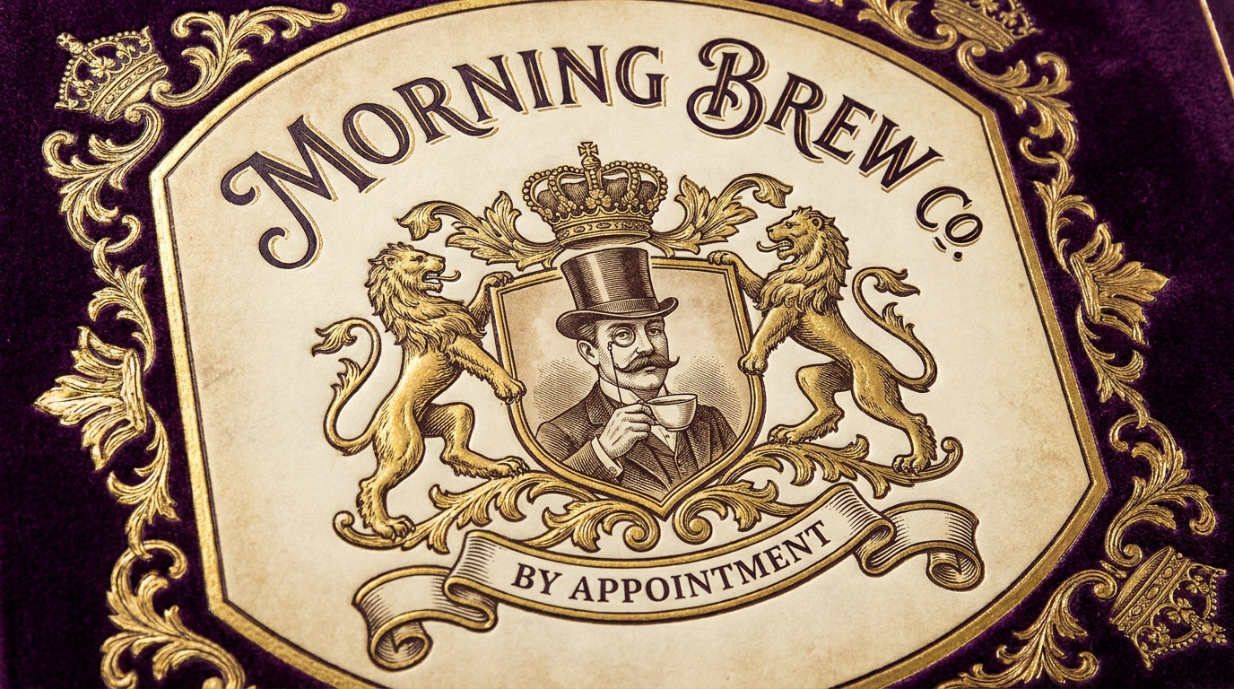 Gold embossed Morning Brew Co. crest on purple velvet: the top-hat gentleman with his cup at the centre of a lion-flanked shield above a ribbon reading By Appointment