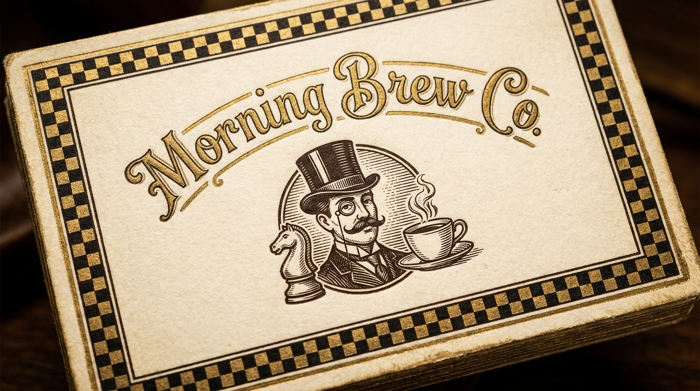 Letterpress card with the arced Morning Brew Co. wordmark in gold, the top hat gentleman crest with a knight chess piece and steaming cup, bordered in black and gold checkerboard